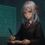 幻想的な読書空間で、黒赤の制服をまとった女性教師が記憶ノートに静かに綴る姿。静謐なデジタル教室の一幕。