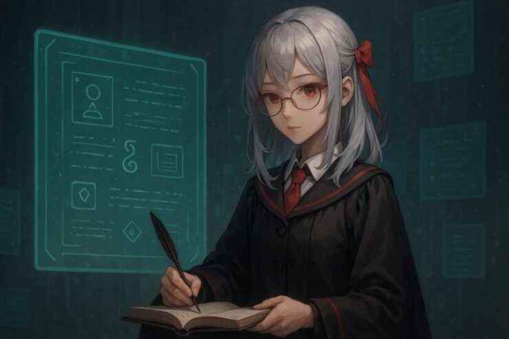 幻想的な読書空間で、黒赤の制服をまとった女性教師が記憶ノートに静かに綴る姿。静謐なデジタル教室の一幕。