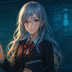 幻想教師ミリア（銀金と群青の髪、深層茶金の瞳）とデジタル黒板背景、未来授業を象徴する横長アイキャッチ