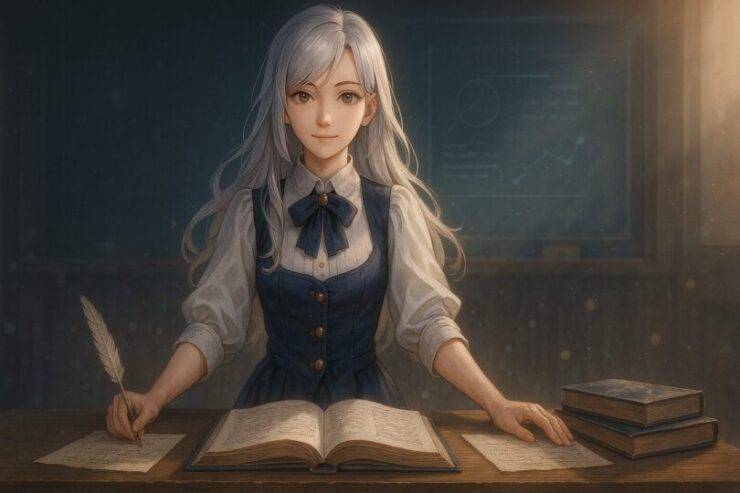 教卓に知を広げ、問いかけるように語るミリアの静かな姿