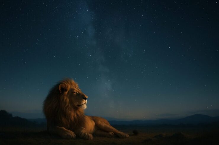 穏やかな夜空の下、ライオンが星空を見つめる静かな一瞬を捉えた詩的構図。自然光とリムライトの交差が、哲学的な静けさを演出する。 A calm lion gazes under a starry night sky, with soft moonlight and rim light evoking a poetic sense of silence.
