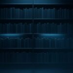 静かな照明に浮かぶ、現代的な本棚。青く淡い光が背表紙を照らし、読むことの静謐と構造美を映し出している。背景には情報の気配を感じるデジタルな粒子。 A modern bookshelf softly glowing under ambient light, each spine reflecting quiet structure and stillness. Digital particles shimmer faintly in the background, evoking a sense of silent intelligence.