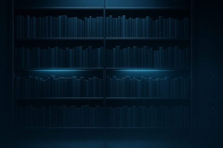 静かな照明に浮かぶ、現代的な本棚。青く淡い光が背表紙を照らし、読むことの静謐と構造美を映し出している。背景には情報の気配を感じるデジタルな粒子。 A modern bookshelf softly glowing under ambient light, each spine reflecting quiet structure and stillness. Digital particles shimmer faintly in the background, evoking a sense of silent intelligence.