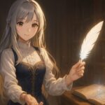 ミリアが羽ペンを差し出し、REIに記録の契約を促す幻想図書館の一幕