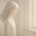 静かな光の中、窓辺で思索する銀髪の女性の横顔