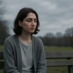 A contemplative young person sitting alone on a bench under a cloudy sky, evoking gentle solitude.