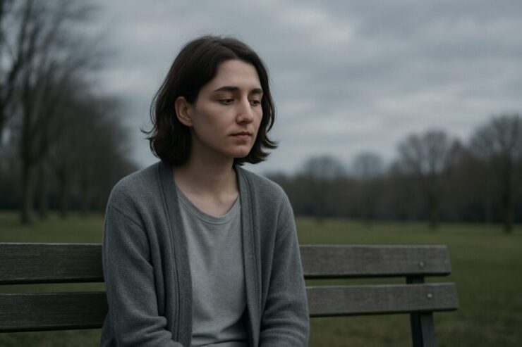 A contemplative young person sitting alone on a bench under a cloudy sky, evoking gentle solitude.